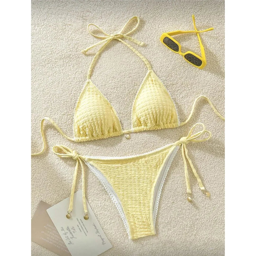 High Cut Leg Two-Pieces Bikini Set Bather Bathing Suit Swim Wrinkled Crinkled Halter Bikini Women Swimwear Female Swimsuit M125