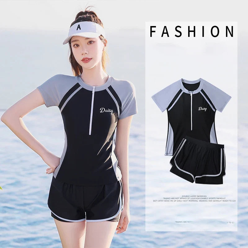 New Short Sleeve High Waist Two Pieces Swimwear Women Swimsuit Hot Spring Surf Bathing Swimming Suit Female Beach Wear