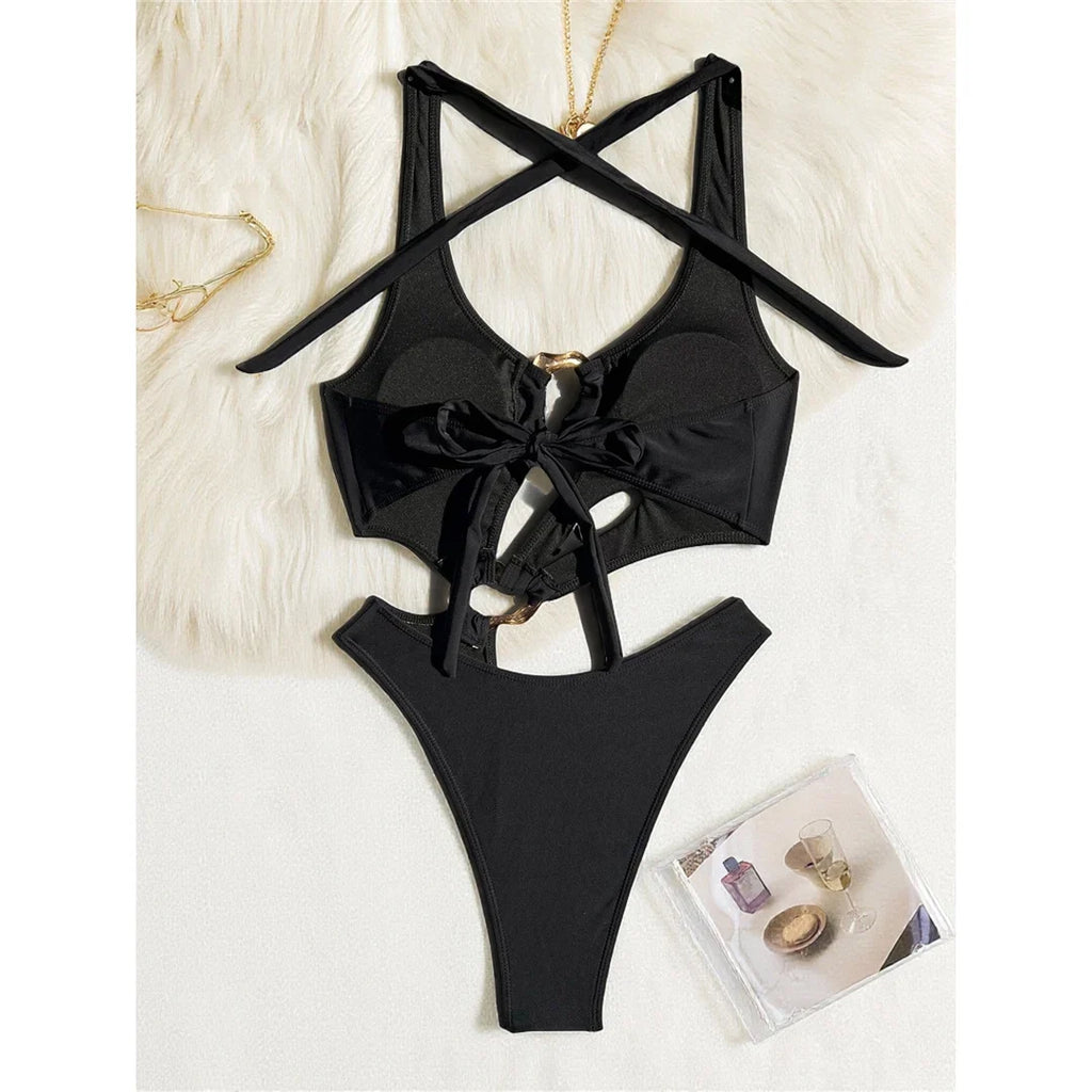 S - XL Asymmetric Halter Cut Out One Piece Swimsuit Women Swimwear Female Metal Ring High Leg Cut Bather Bathing Suit Swim K7065