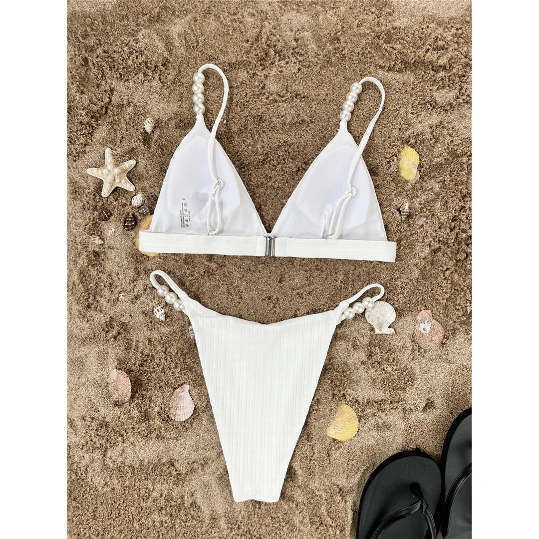 Sexy Pearls High Leg Cut Padded Bikini Female Swimsuit Women Swimwear Two-Pieces Bikini Set Bather Bathing Suit Swim Lady V4366