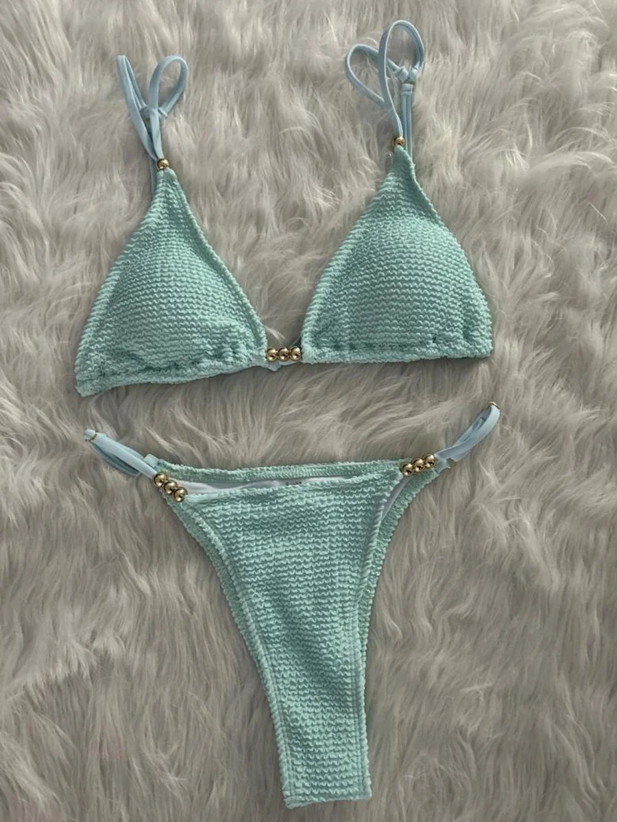 Wrinkled Pleated High Cut Brazilian Bikini Women Swimwear Female Swimsuit Two-pieces Bikini Set Bather Bathing Suit Swim Lady