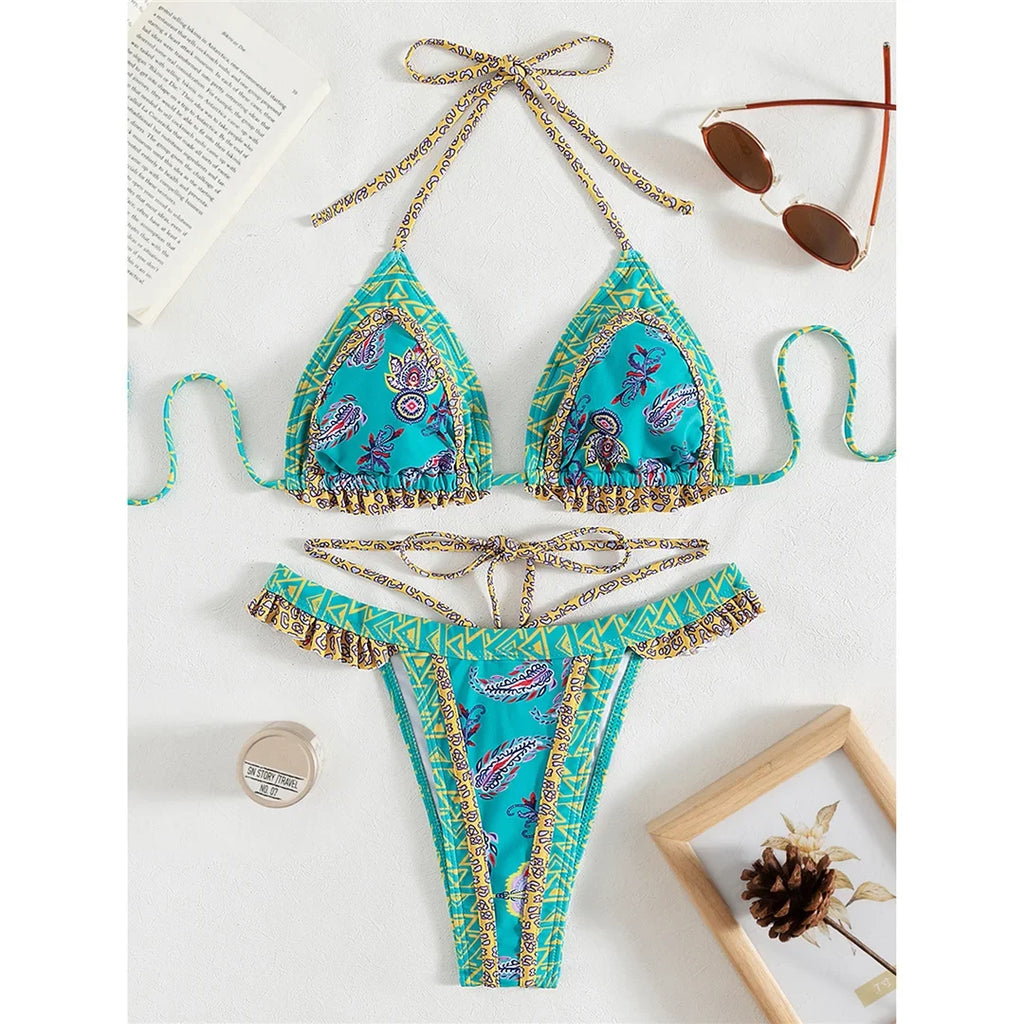 5 Colors Sexy Printed Halter Frilled Bikini Women Swimwear Female Swimsuit Two-Pieces Bikini Set Bather Bathing Suit Swim V4651