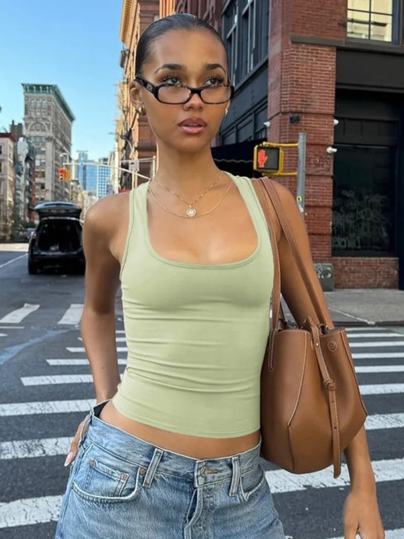 Women's Fashion Solid Tank Tops 2026 Streetwear Sleeveless T-shirt Female Square Collar Skinny Corset Y2K Girls Gray Crop Top