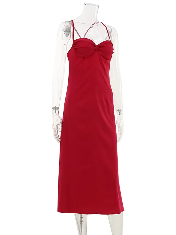 Ahagaga Summer Sexy Club Women's Fashion Bow Strap Dresses V-Neck Long Y2K Sleeveless Solid Skin Summer Party Evening Bodycon