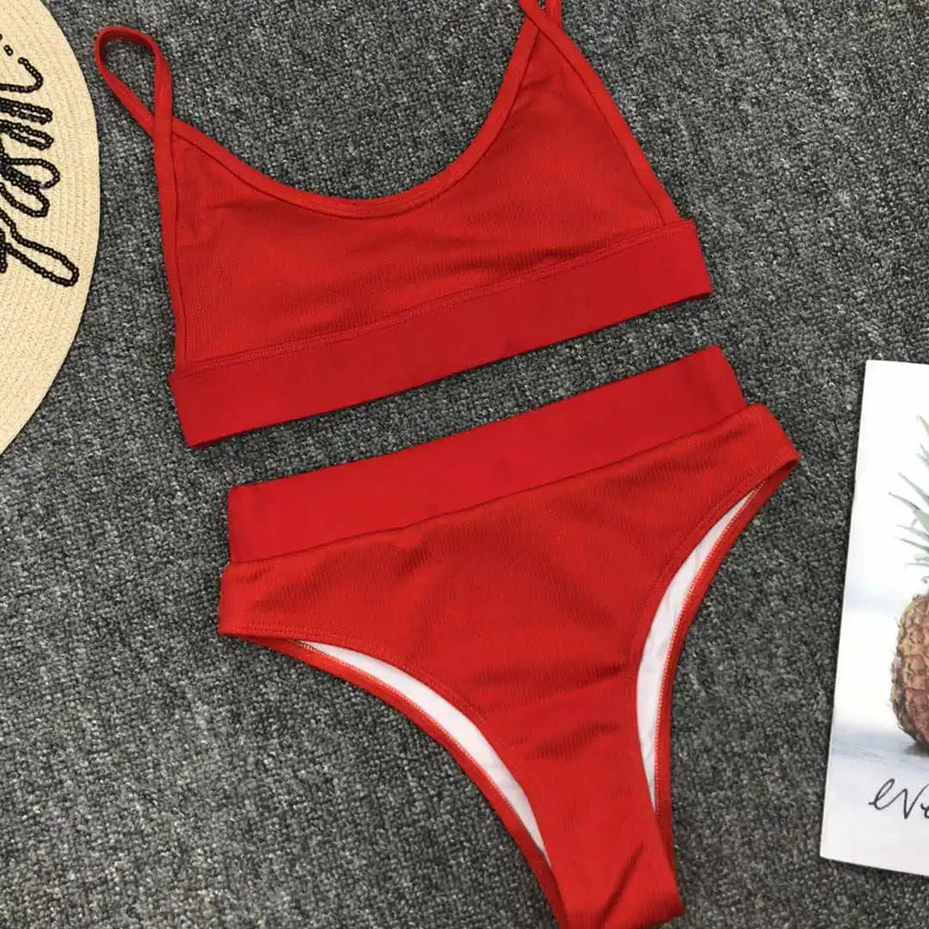 S - XL Sexy Female Swimsuit High Waist Bikini Women Swimwear Two-Pieces Bikini Set Bather Ribbed Bathing Suit Swim Lady V2375