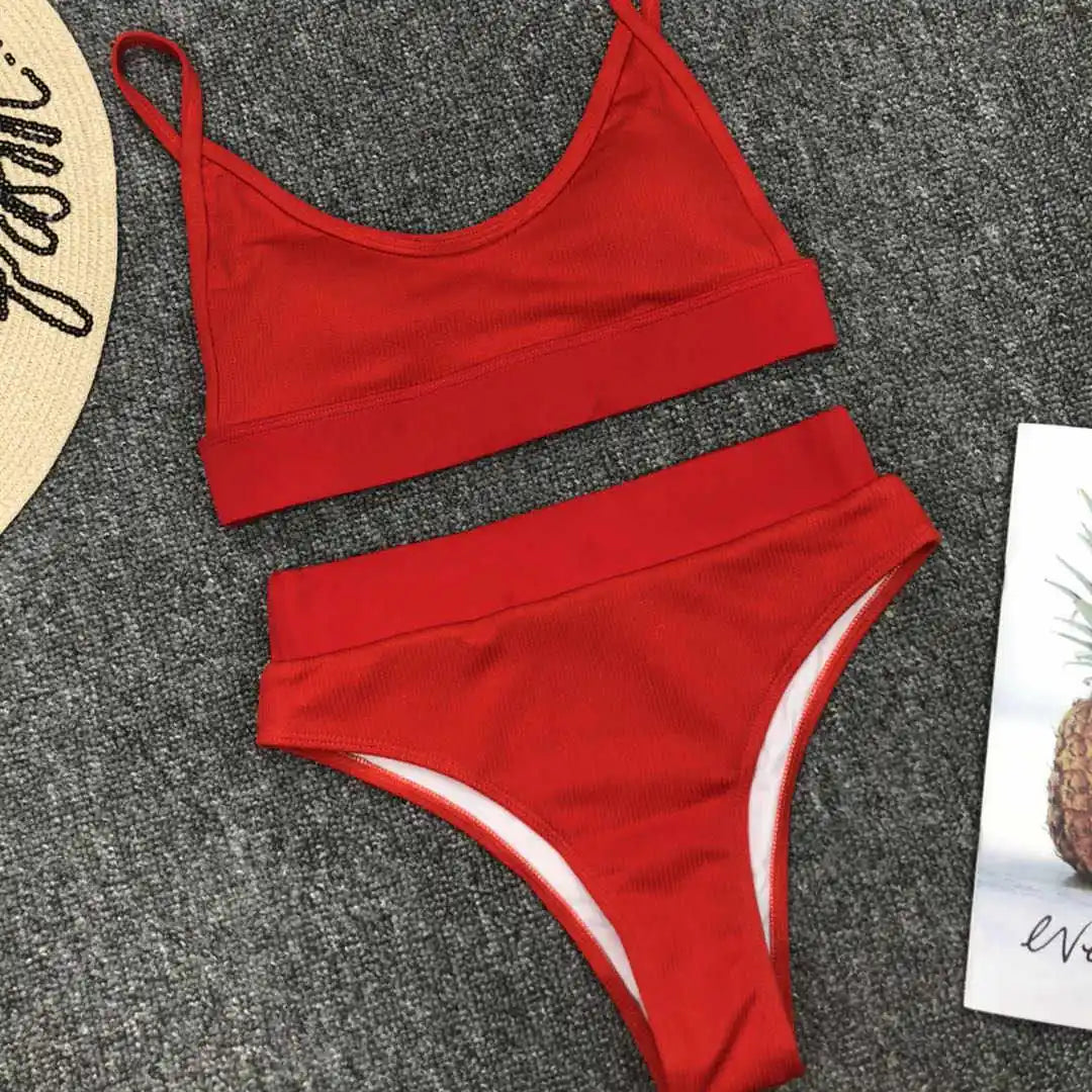 S - XL Sexy Female Swimsuit High Waist Bikini Women Swimwear Two-Pieces Bikini Set Bather Ribbed Bathing Suit Swim Lady V2375