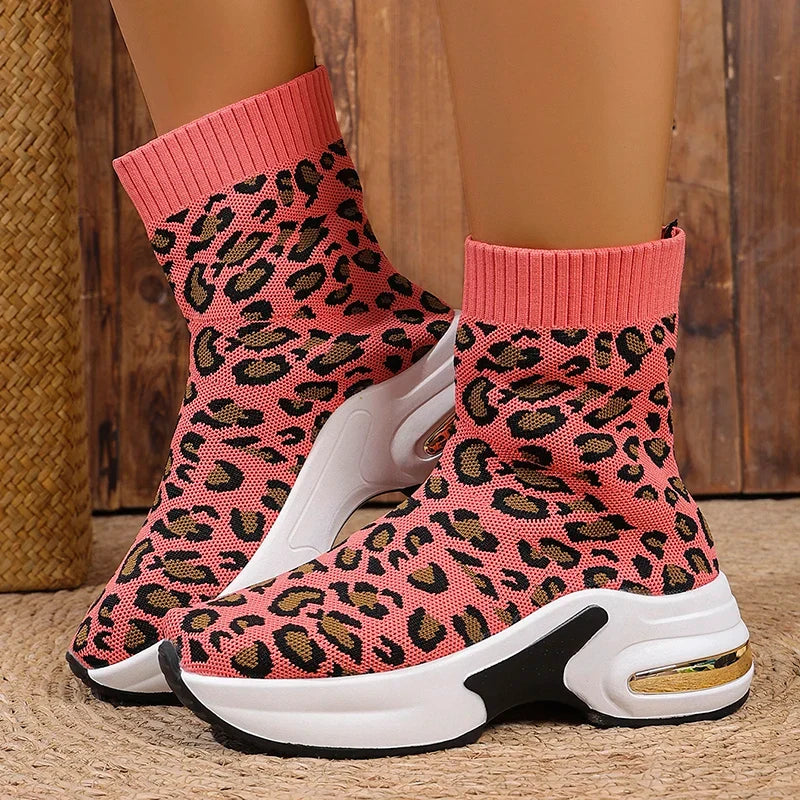 Fashion Leopard Print Platform Ankle Boots Women Comfy Slip On Breathable Knitted Boots Woman Plus Size 35-43 Wedges Short Boots