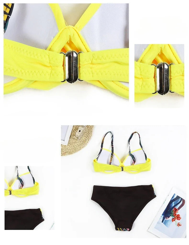 4 Colors Sexy Bikini Women Push Up Swimwear Swimsuit Leaf Print Patchwork Bikinis Set Bathing Suit Beach Bikini Female Biquinis