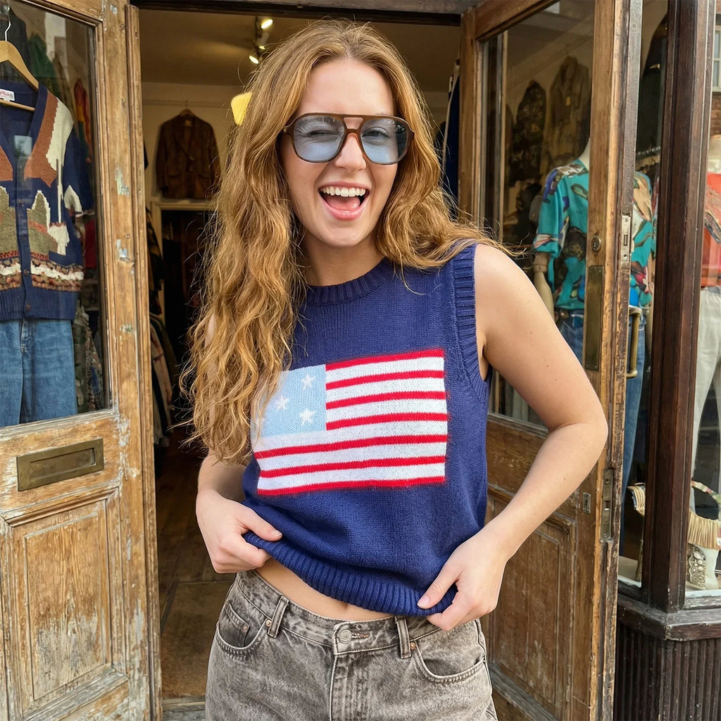 Women's 4th of July Knitted Vest Spring Summer Sleeveless Round Neck Flag Print Casual Party Tank Tops