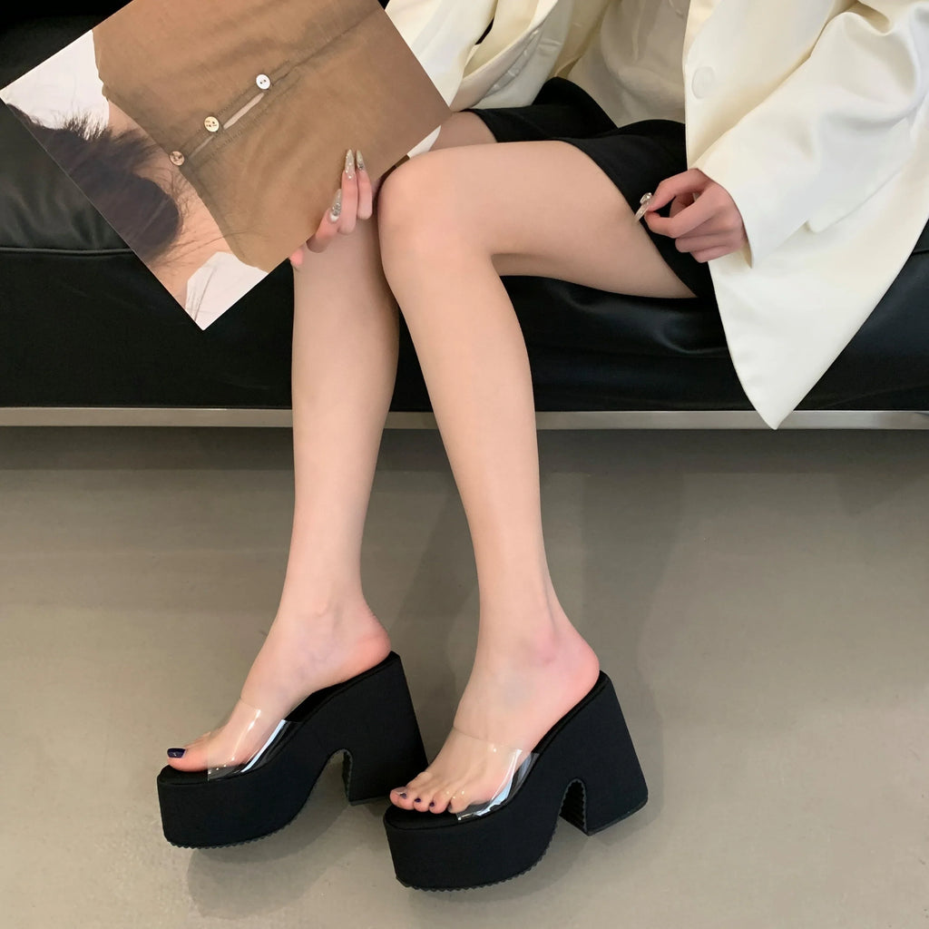 Summers Chunky Women Slippers Fashion Elegant PVC Transparent Platform Wedges Heel Slides Ladies Casual Outdoor Beach Sandalias