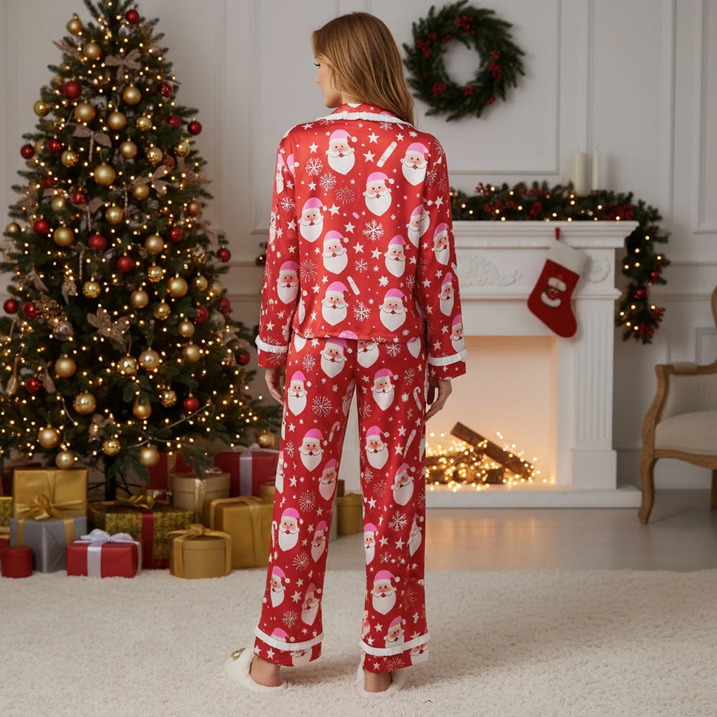 Women's 2025 Christmas Pajama Sets Fashionable Santa Printed Front Tie Ruffle Tops with Pants Two Pieces Soft Sleepwear