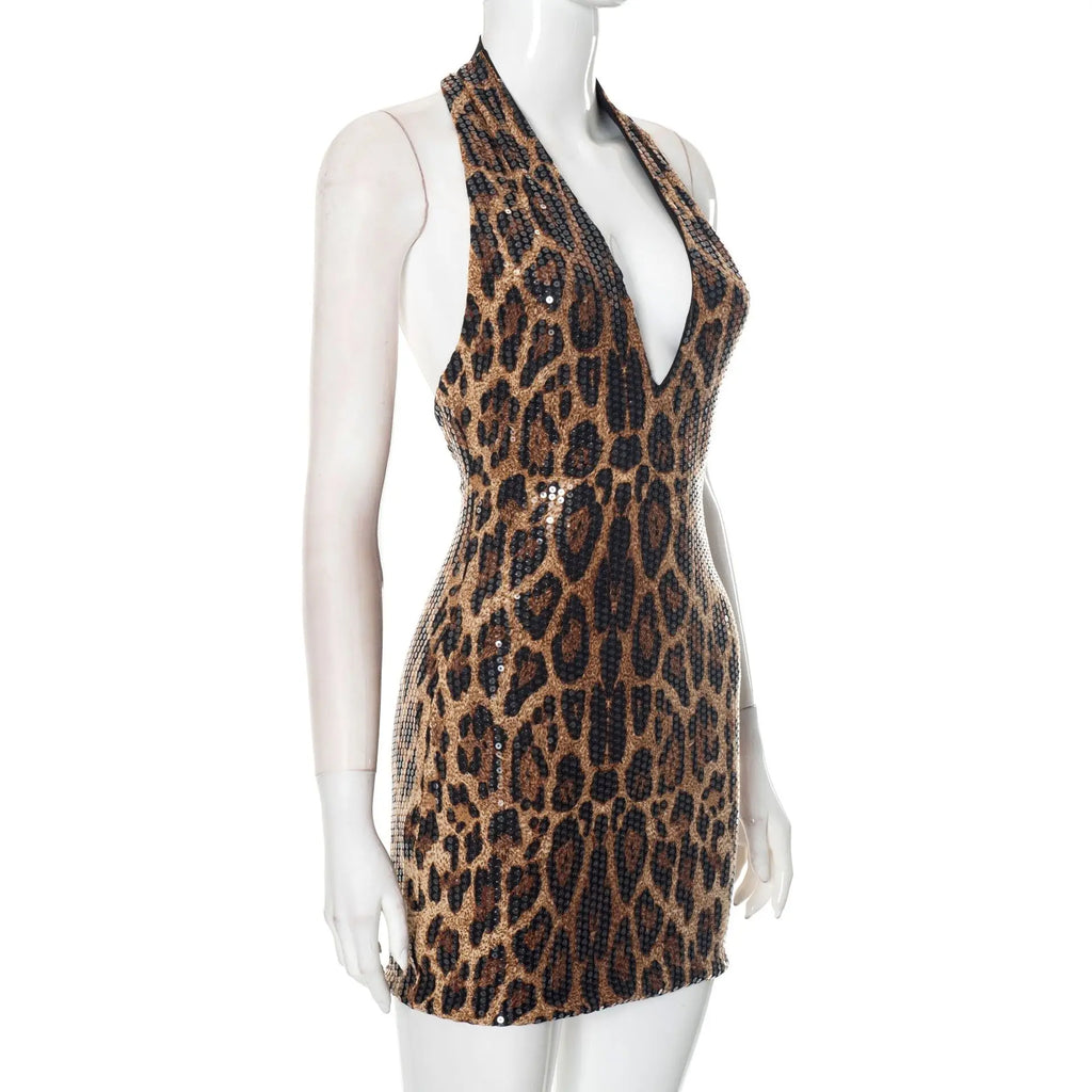 Sexy Halter Neck Off Shoulder Leopard Print Mini Dresses for Women Sleeveless Backless Sequins Skinny Party Night Club Dress