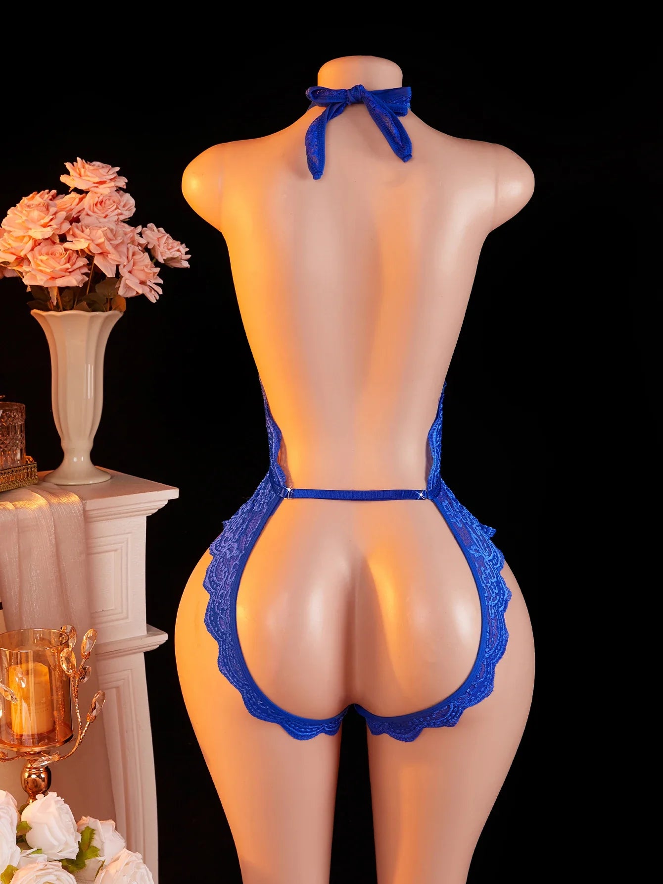 Adult Deep V-neck Hanging Neck Lace Flower Print Lingerie Solid Color Knitted Sexy Backless Underwear Women's Jumpsuit Clothing