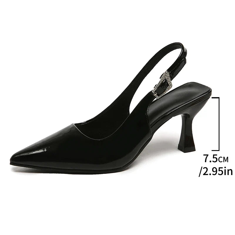Sexy Black Pointed Toe Stiletto Heel Sandals Women Elegant Crystal Buckle High Heels Dress Shoes Woman Back Strap Mules Shoes