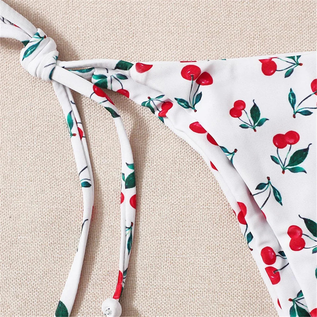 XS - L Cherry Printed Halter Strappy Bikini Female Swimsuit Women Swimwear Two-Pieces Bikini Set Bather Bathing Suit Swim V4894