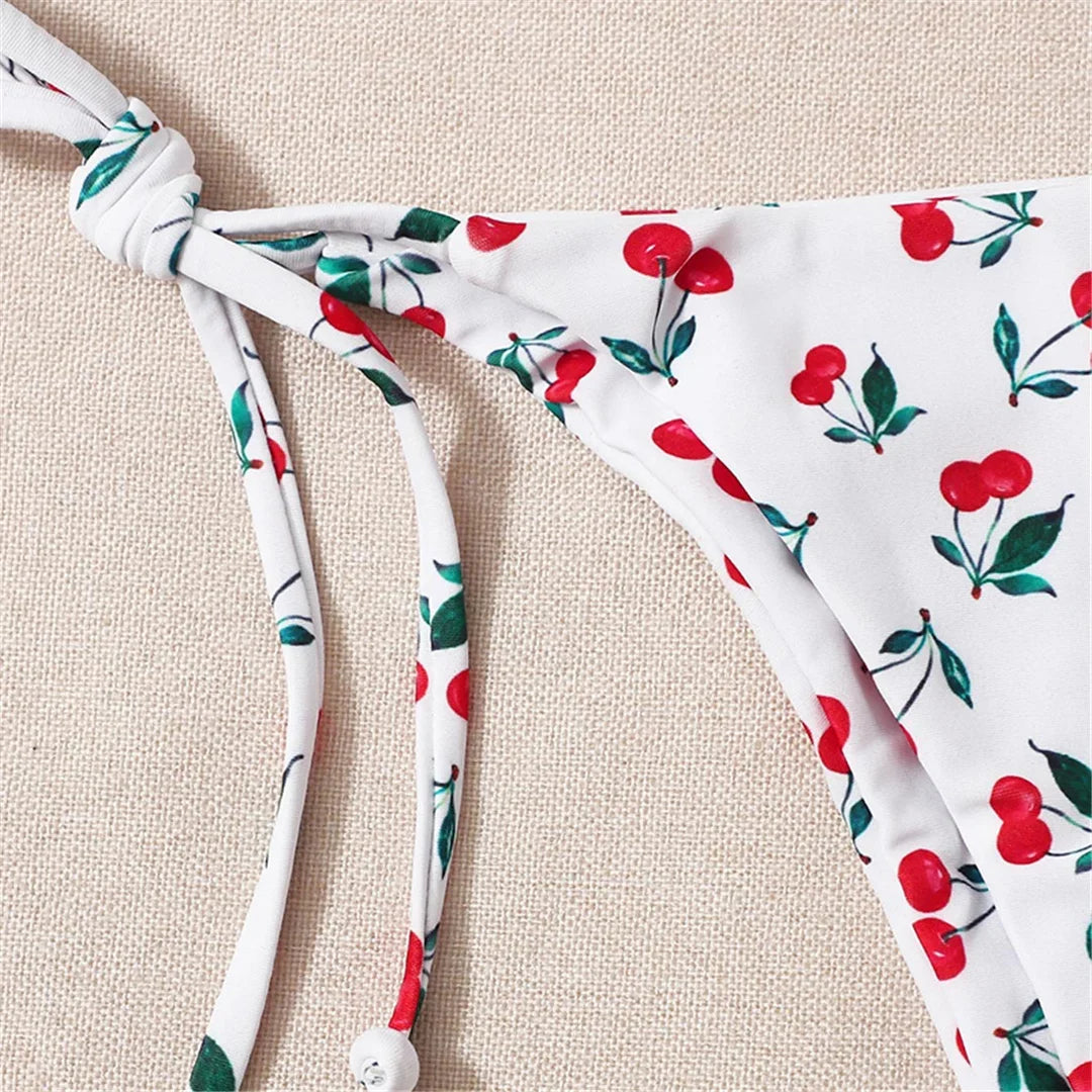XS - L Cherry Printed Halter Strappy Bikini Female Swimsuit Women Swimwear Two-Pieces Bikini Set Bather Bathing Suit Swim V4894