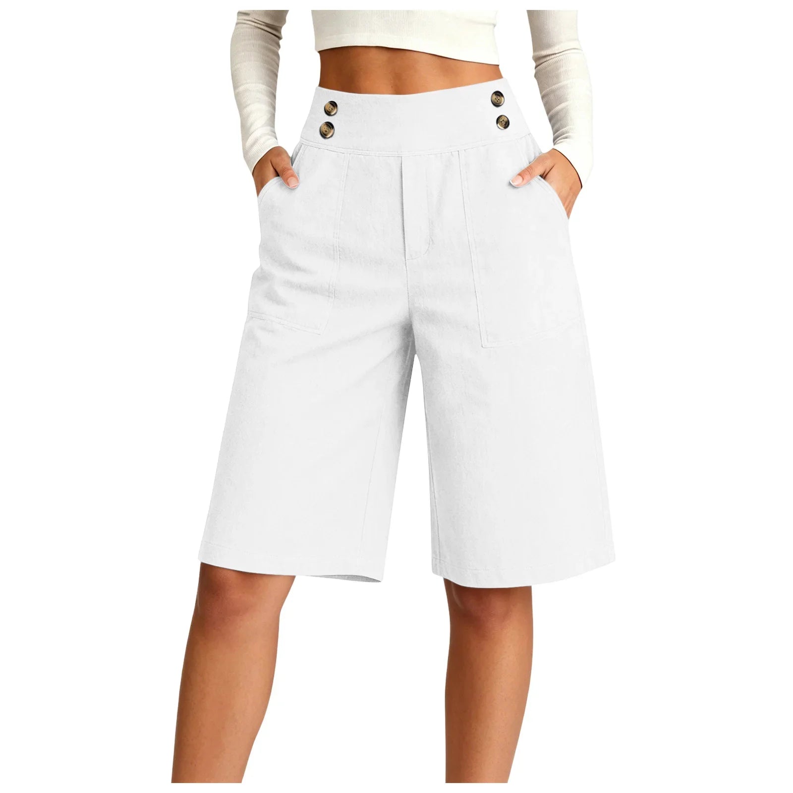 Women's High Waist Cotton Linen Bermuda Shorts Double Breasted Wide Leg Casual Shorts With Pockets Loose Fit Office Summer Short
