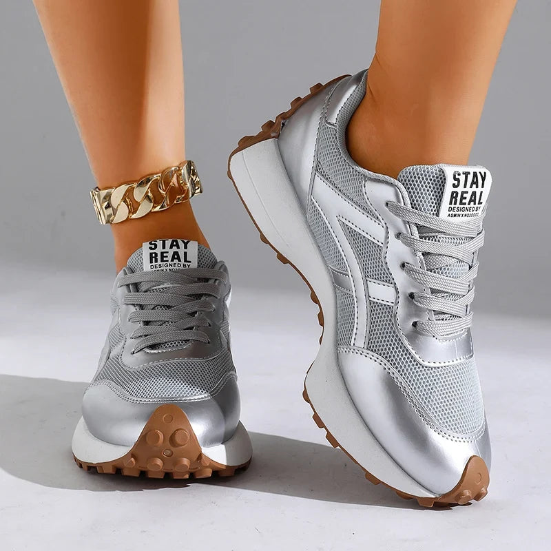 Fashion Thick Sole Silver Sneakers Women 2026 Plus Size 43 Breathable Platform Sport Shoes Woman Anti Slip Lace Up Running Shoes