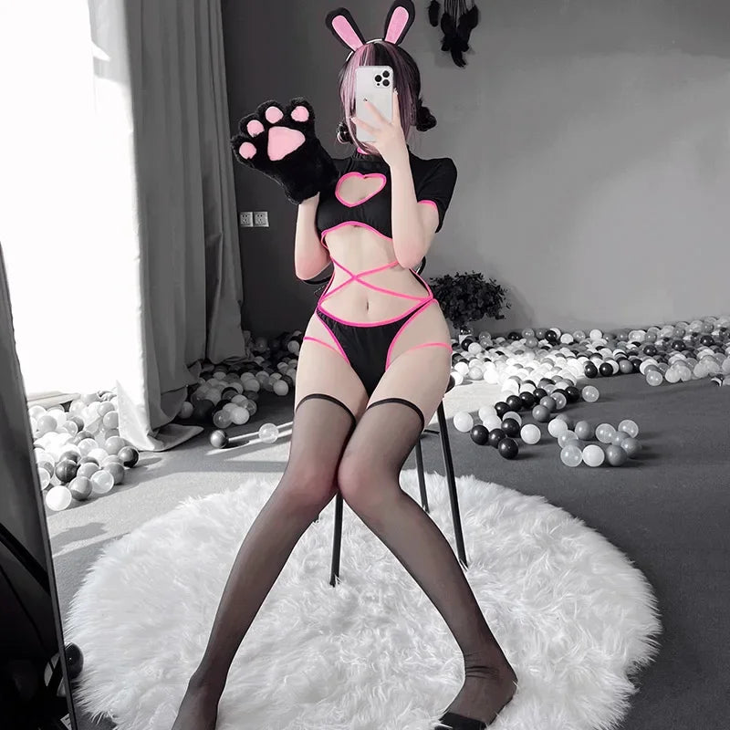 Bunny Girl Cosplay Women Sexy Bodysuit Lingerie Costumes Heart-Shaped Hollow Out Tempatation Skinny Body Suits