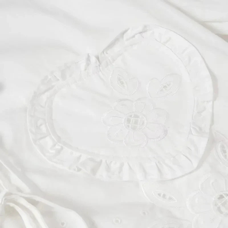 Foridol Heart Embroidery White Cotton Women Blouse Bowknot Spring Summer Lantern Sleeve Casual Shirt V Neck Loose Chic Blusa