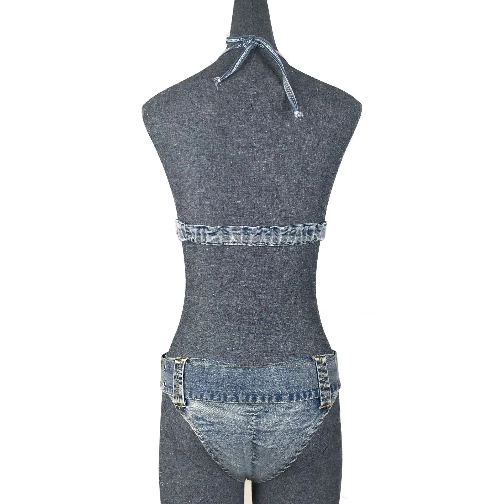 DEKA Women Beach Wear 2 Piece Set Denim Bikini SetThong Low Waist Swimsuit Push Up Swimwear Jeans Bathing Suit Halter Biquini