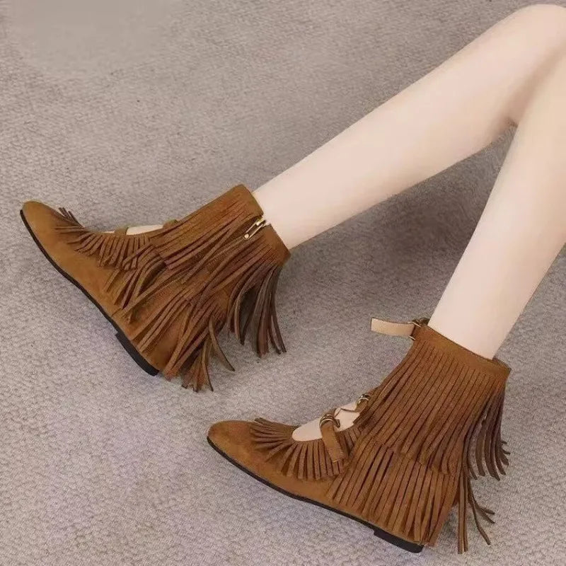 Simple Retro Tassel Western Boots for Women 2026 New Round Toe Height-Increasing Short Boots Summer Cool Boots