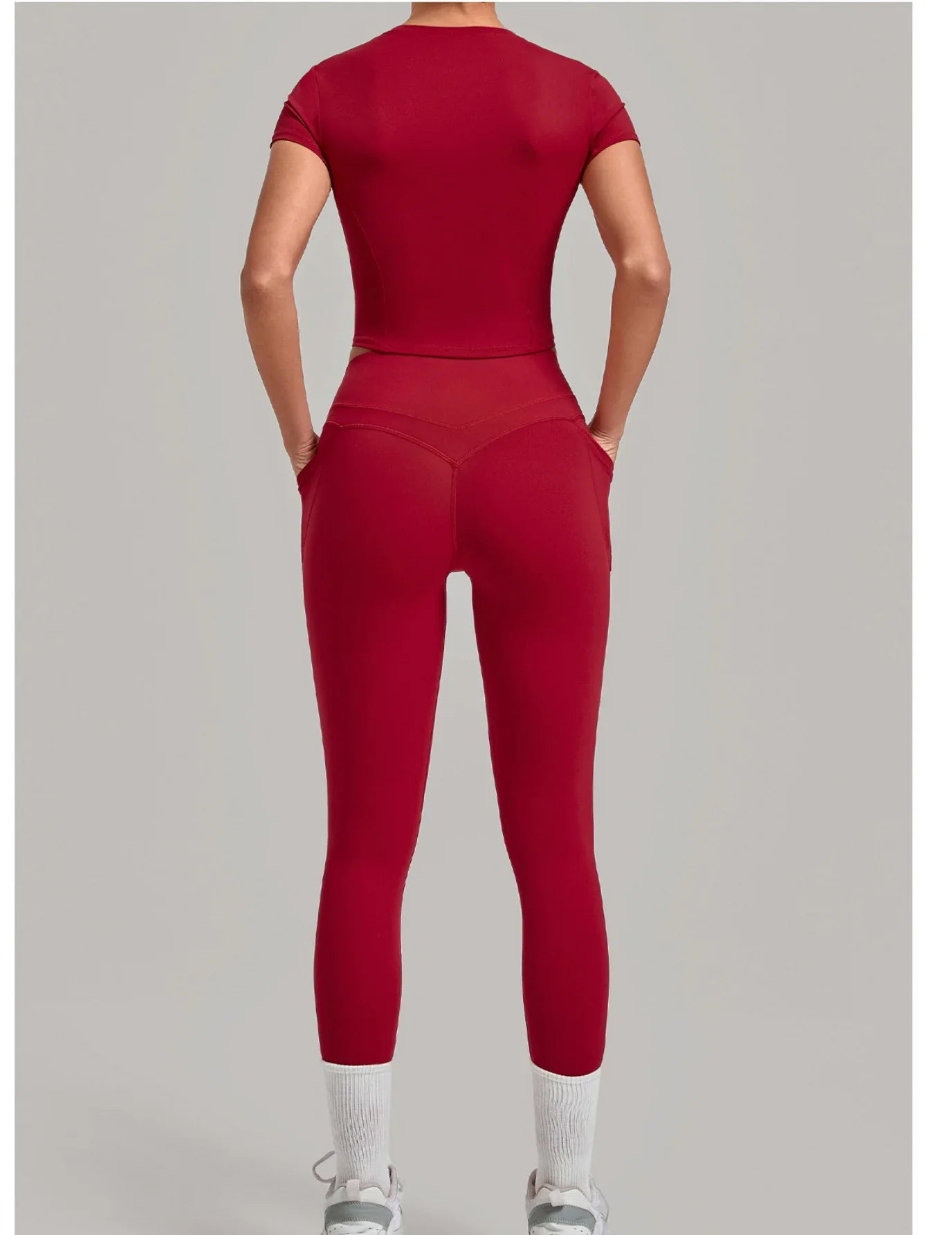 Women Tracksuit Yoga Sets Short Sleeve Slim Sports T Shirts Workout Clothes Outdoor Tight High Waist Pocket Pants Fitness Suits