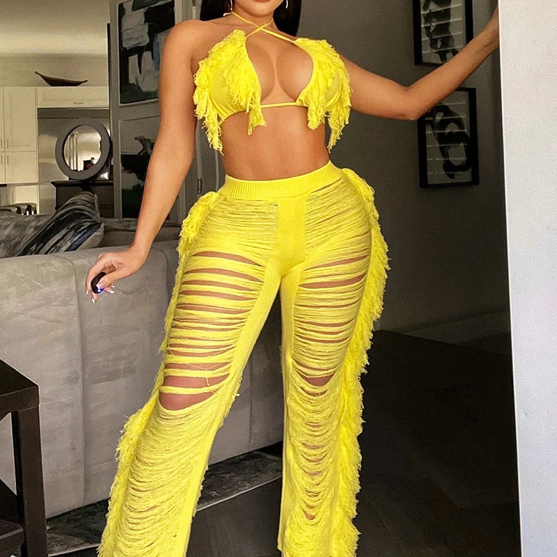 DEKAWomen Tassel Pants Knitted Bra Top Bikini Set Swimsuit Handemade Crochet Bikini Cover Up Tassel Beach Long Wrap Pant