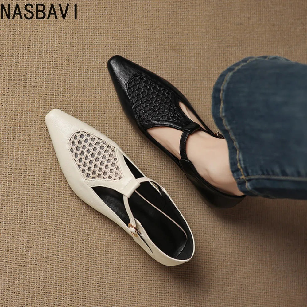 New Design Women T-Strap Sandals Square Toe Flats Buckle Breathable Mesh Casual Soft Leather Daily OL Shoes Plus Size 41 42 43