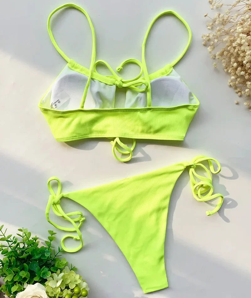 Sexy Strappy Lace Up Ribbed Neon Green Bikini Women Swimwear Female Swimsuit Two-piece Bikini set Hollow Out Bathing Suit Swim