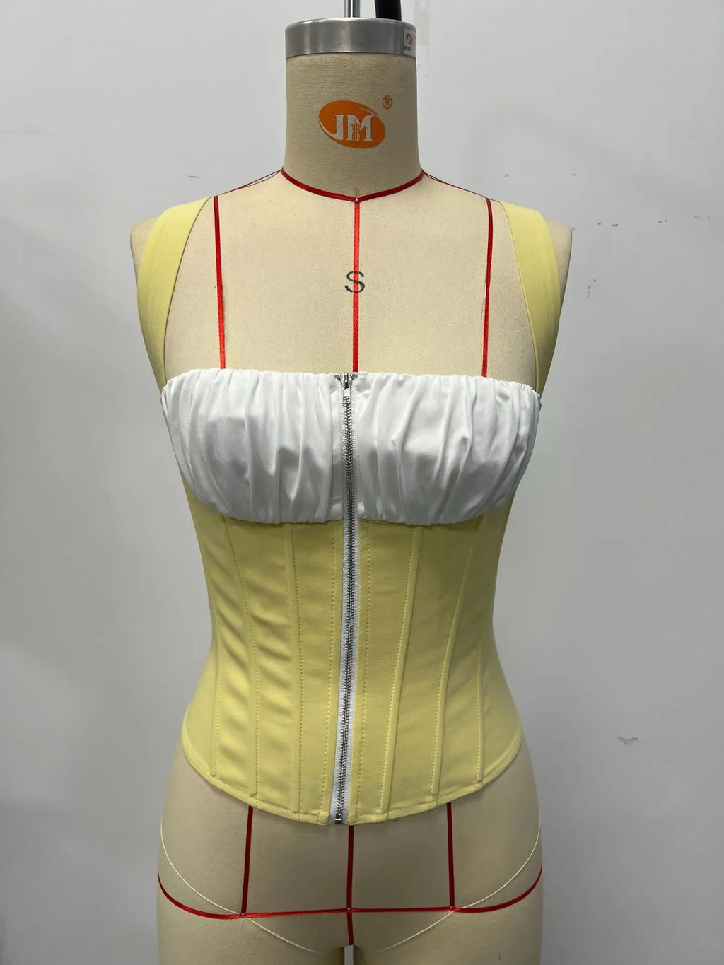 Yellow White Contrast Camisole Women Square Collar Pleate Front Zipper Slim Fit Fishbone Tank Top 2026 Summer Club Holiday Vest