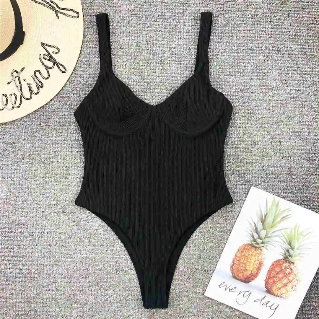 S - XL New Sexy High Cut Women Swimwear Ribbed Underwired One Piece Swimsuit Female Bather Bathing Suit Swim Lady Bodysuit V1607