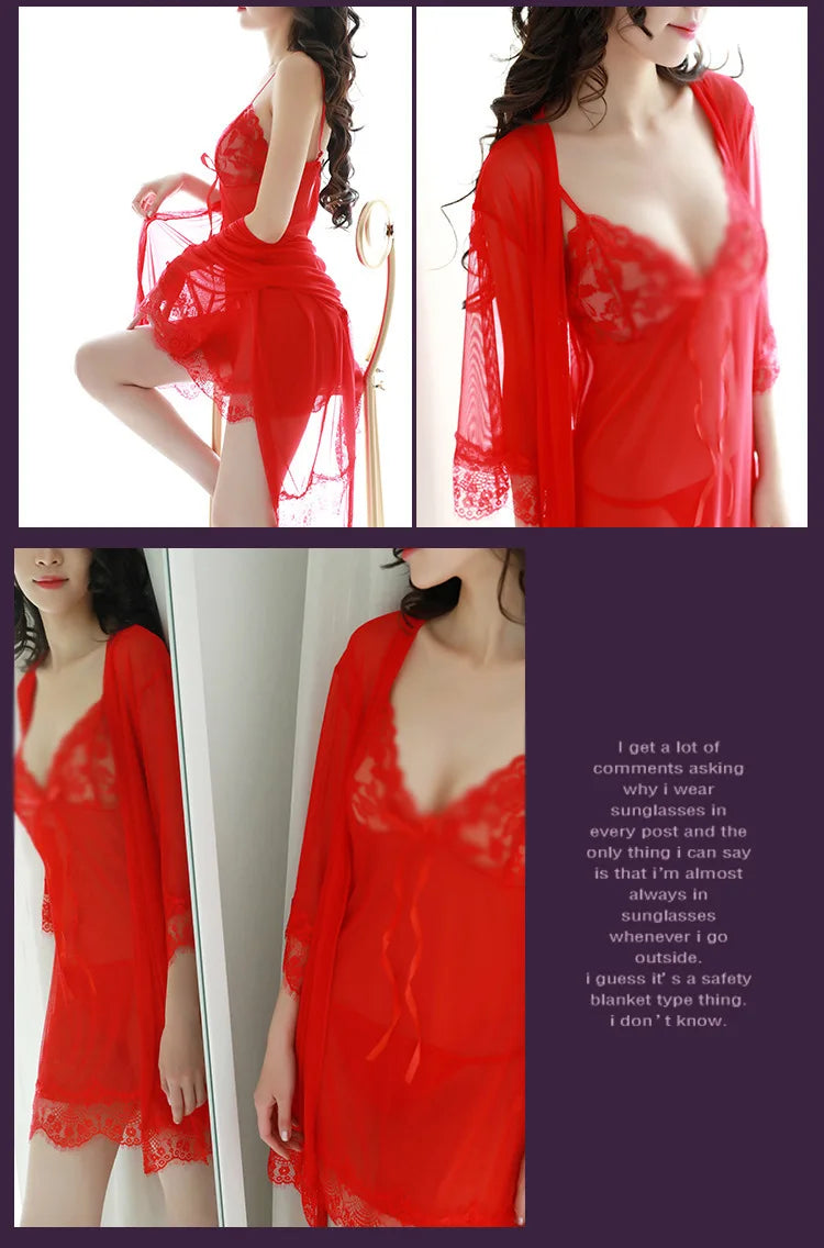 TJ large size see-through suspender sexy temptation lace nightgown temptation mesh pajamas