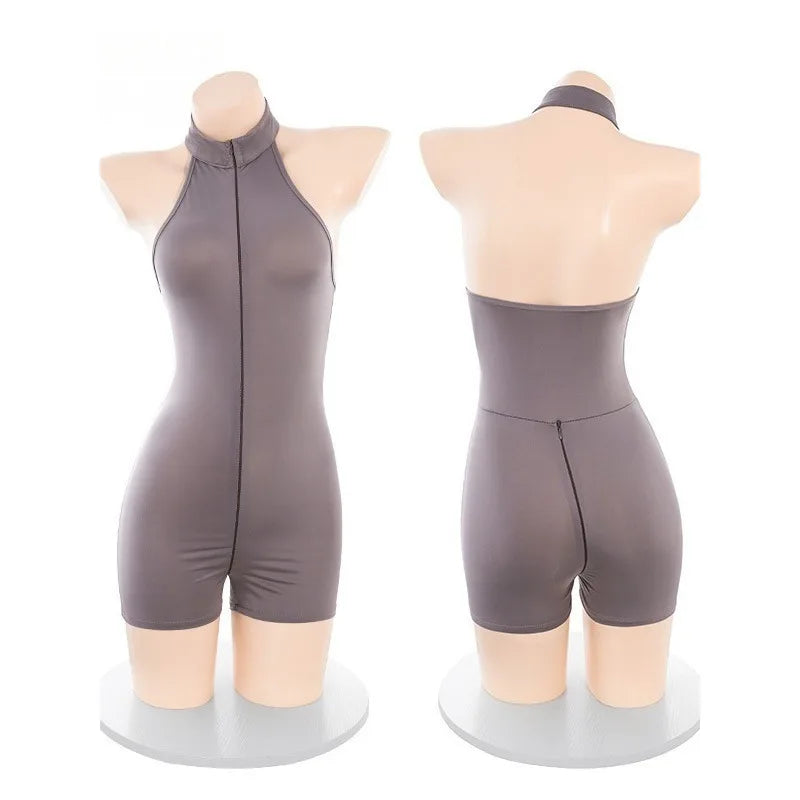 Sexy Schoolgirl Two-way Zipper Open Chest Crotch Bodysuits Deep V Suspenders Sleeveless Bodysuits Charming Thin Casual Hot 15T6