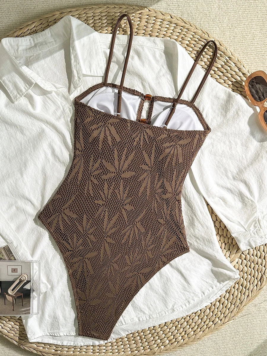 Leaves Printed Mesh Hollow Out Women Swimwear One Piece Swimsuit Female Monokini High Leg Cut Bather Slim Bathing Suit Swim Lady