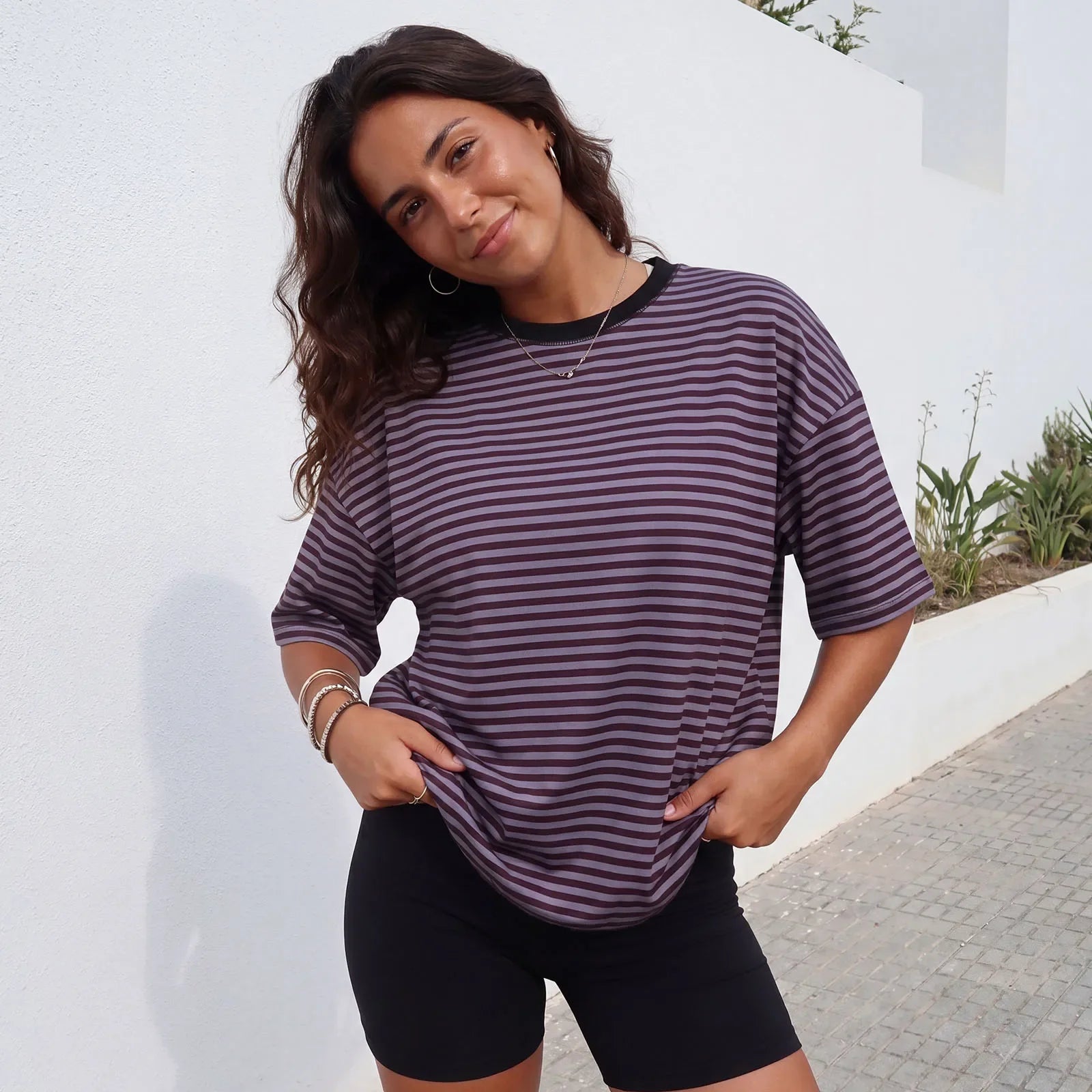Summer Women's Loose T-shirt Casual Stylish Striped Crew Neck Short Sleeve Drop Shoulder Tee Tops