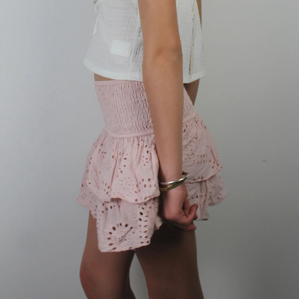 Shirred Mini Skirt A-Line Pointelle High Waist Layered Ruffle Skirt for Women 2024 Summer Solid Color Sweet Skirts