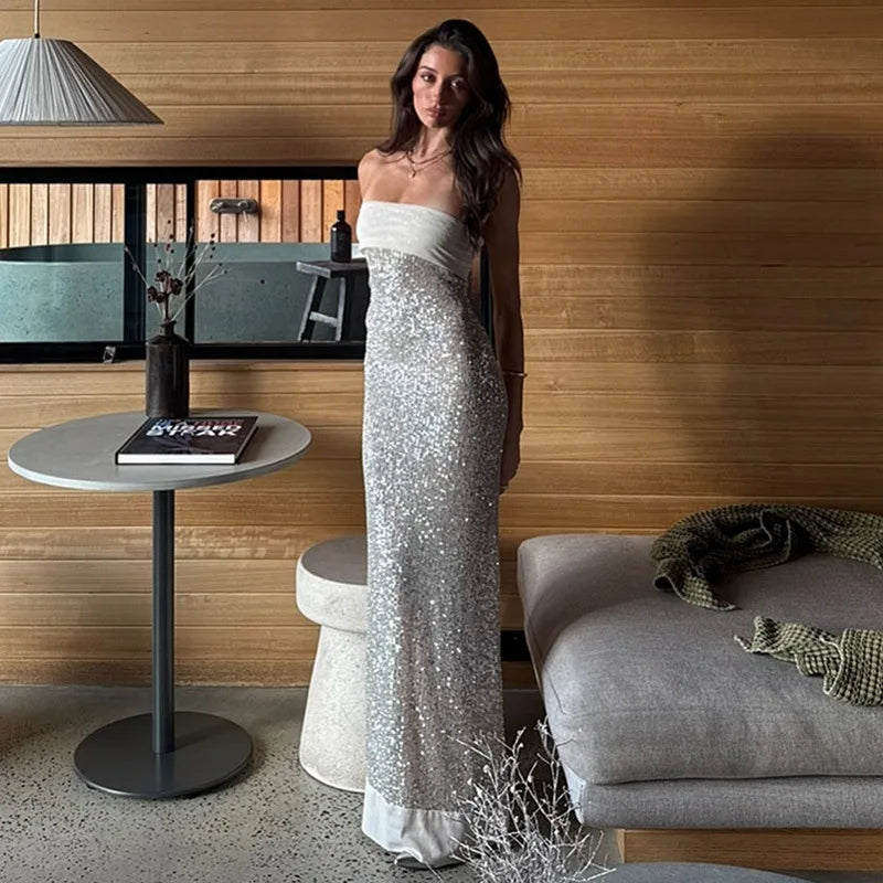 FDYOUI Luxury Bandage Sequins Evening Party Dresses for Women Sexy Strapless Off Shoulder Backless Split Slim Long Wedding Dress