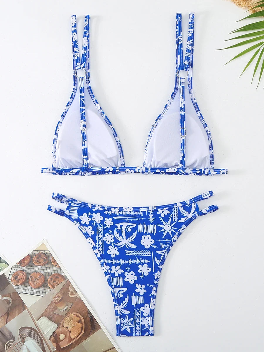 2025 Strappy Bikini Brazilian Printed Swimsuit Women Sexy Padded Swimwear Female Bathers Bathing Swimming Swim Suit Beachwear