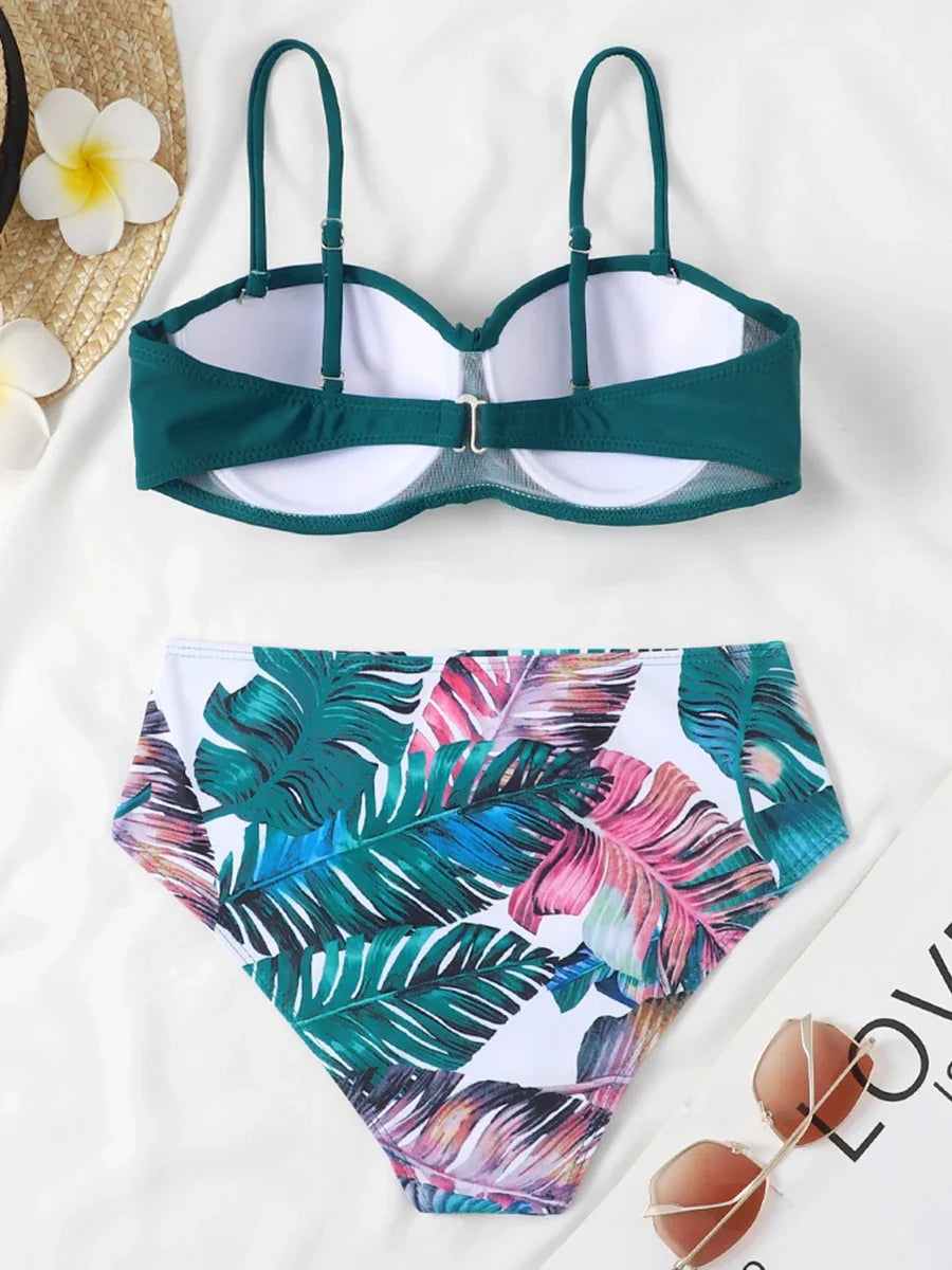 2026 Bandeau Swimsuit Women High Waist Bikini Printed Swimwear Female Padded Bathers Bathing Swimming Swim Suit Beachwear