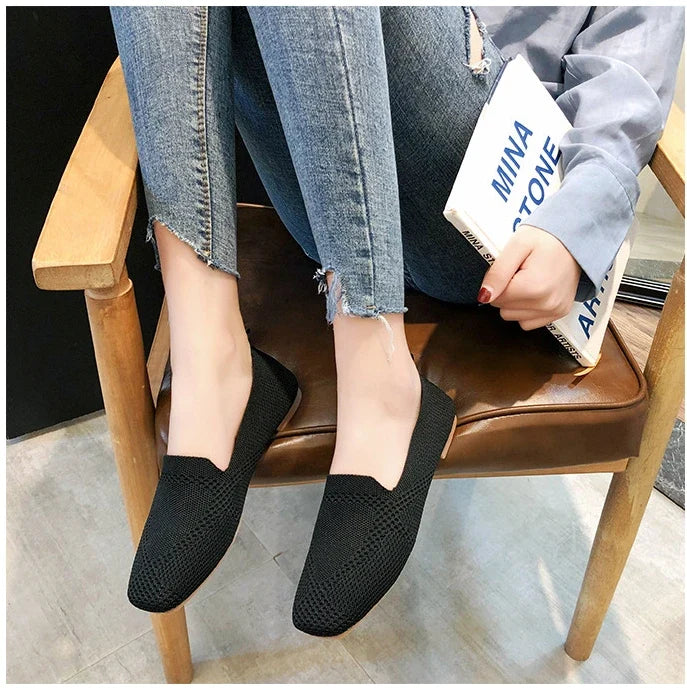 Spring and Autumn Flat Shoes Fashion Leisure Women's Flat Shoes Square Toe Knitting Elastic Comfortable Slip-on Boutique Shoes