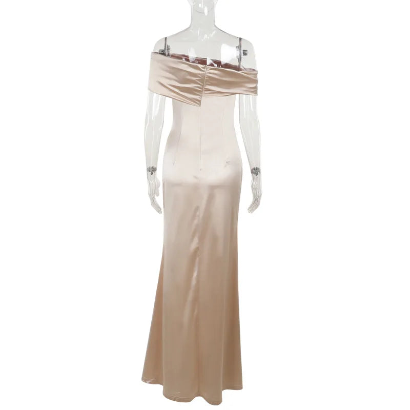 Elegant Satin Solid Color Off-Shoulder Women's Long Dress Sexy High-Waisted Flim Slit Pleated Dress for Lady Party Wedding