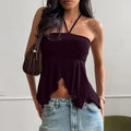 Phantasy Fashion Halter Crop top Fashion Brown Tank Top Women Sexy Split Camisole Lady Night Out Streetwear 2026 Summer Clothing