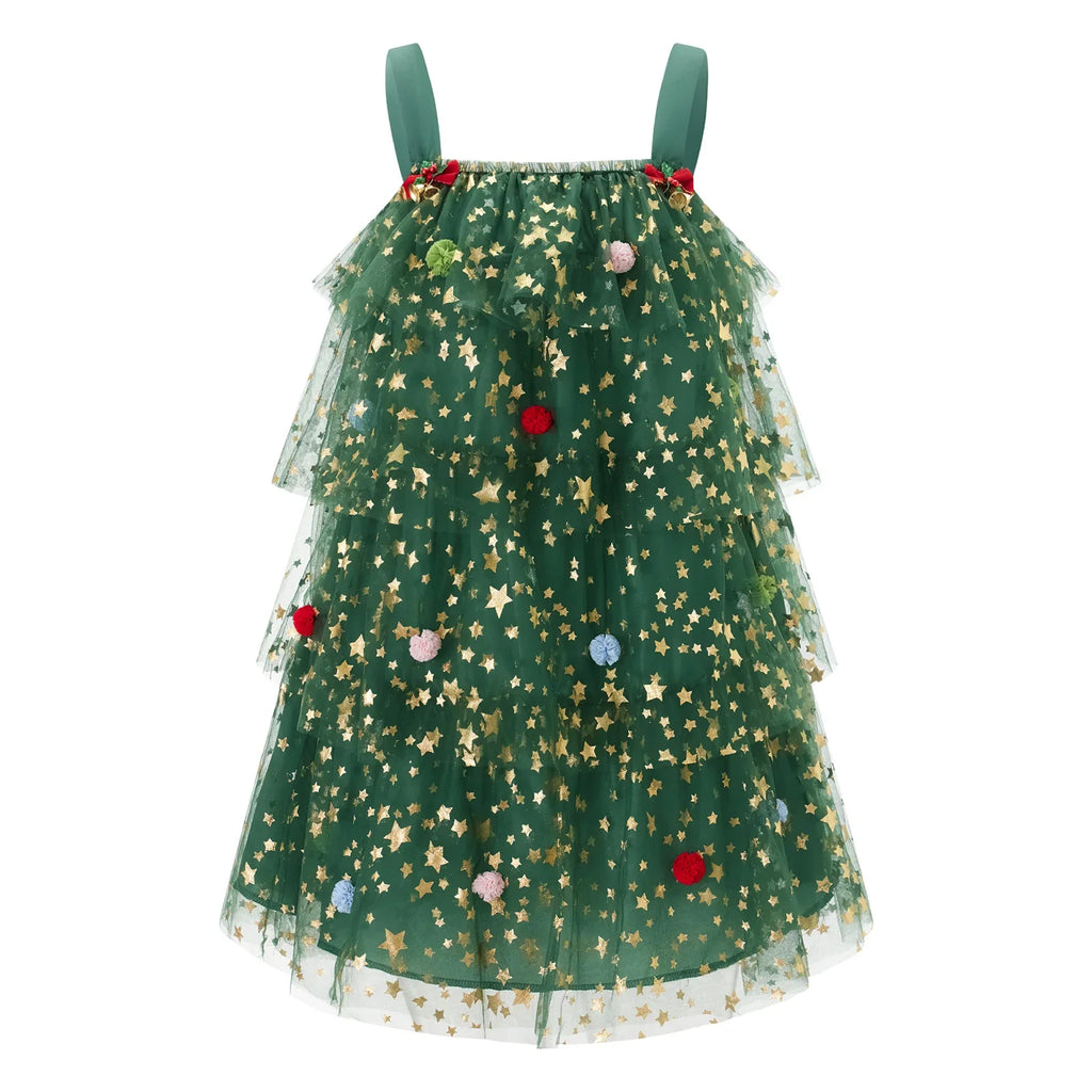 Women Fashion Christmas Dress Star Print Square Neck Sleeveless Layered Tulle Dresses with Plush Ball