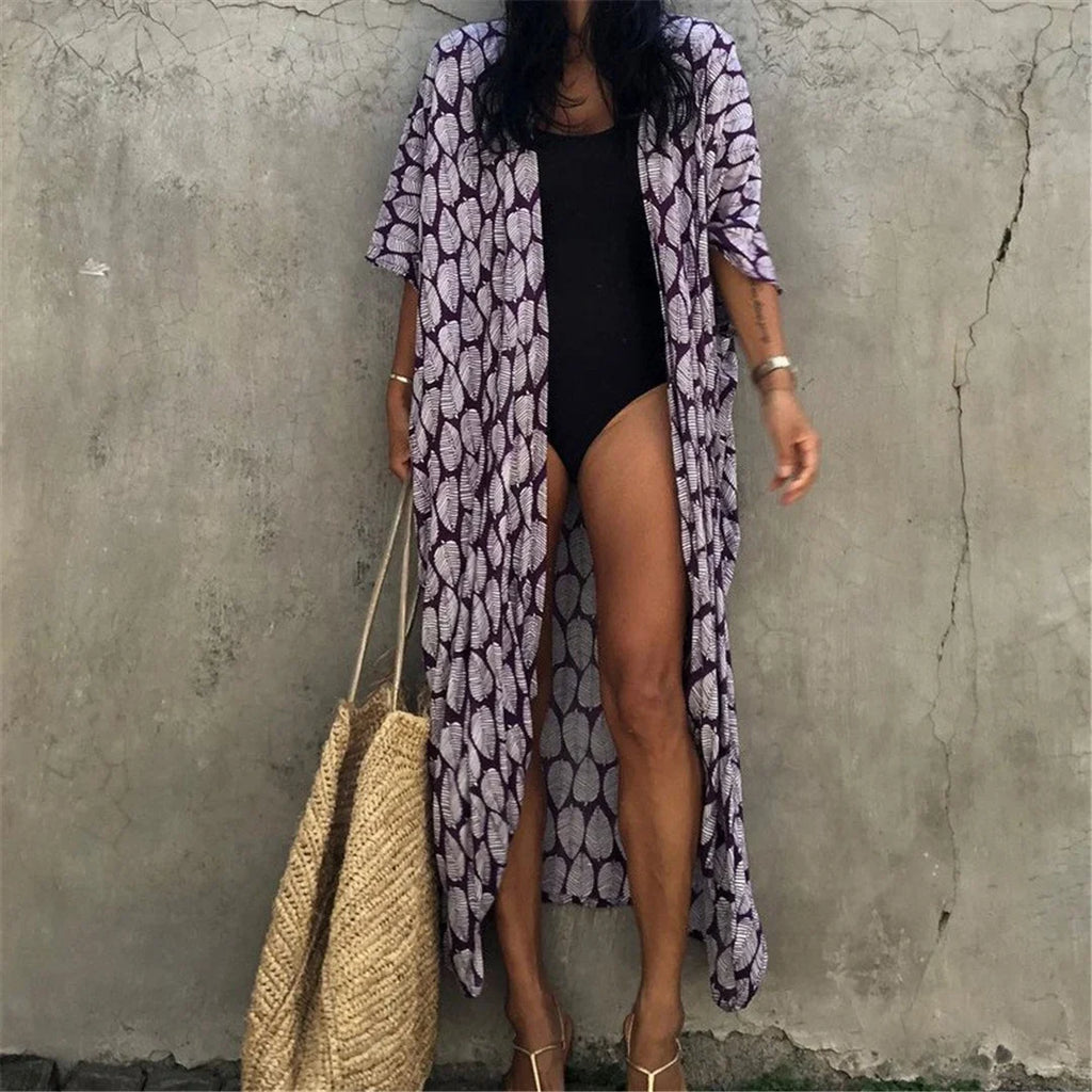7 Colors Leaves Printed With Belt Half Sleeve Tunic Beach Cover Up Cover-ups Beach Dress Beach Wear Beachwear Female Women V4511