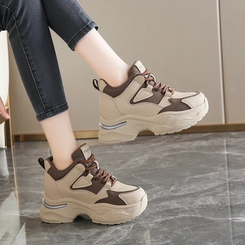 Chunky Platform Women Sport Sneaker Lace-Up Thick Bottom Vulcanize Shoes Woman Spring Autumn Pu Leather Breathable Running Shoes