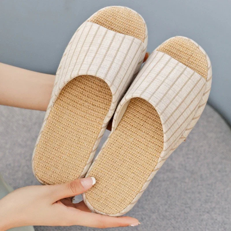 Breathable Linen Slippers For Women Men Summer House Shoes Striped Design Soft Sole Anti-Slip Couples Home Floor Cotton Slides