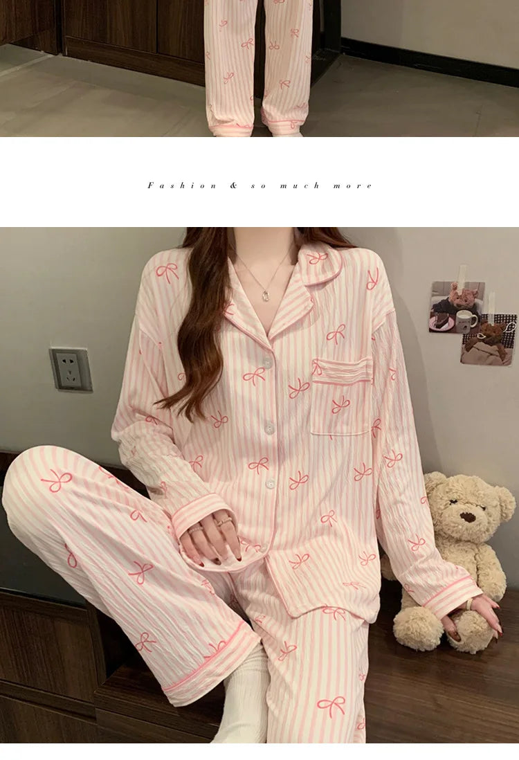 Spring Autumn New Women's Pajamas Long Sleeved Long Pants Sweet Printed 2-piece Set Casual Home Cardigan Nightgown