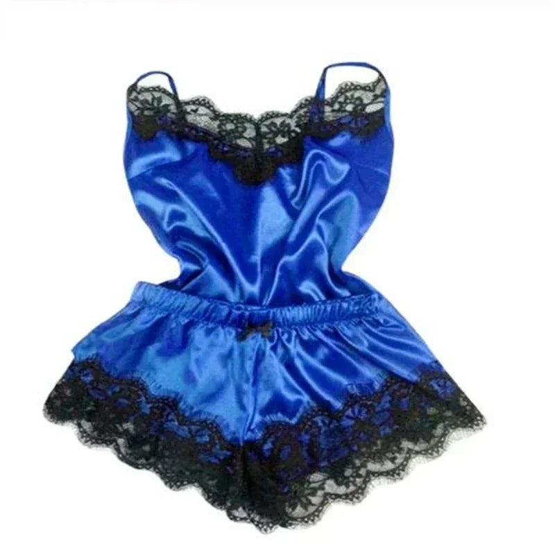 Summer Lace Silk Pajama Set for Women Sexy Sleepwear Lingerie 2 Pieces Cami Top and Shorts Sets Comfortable Casual Lounge