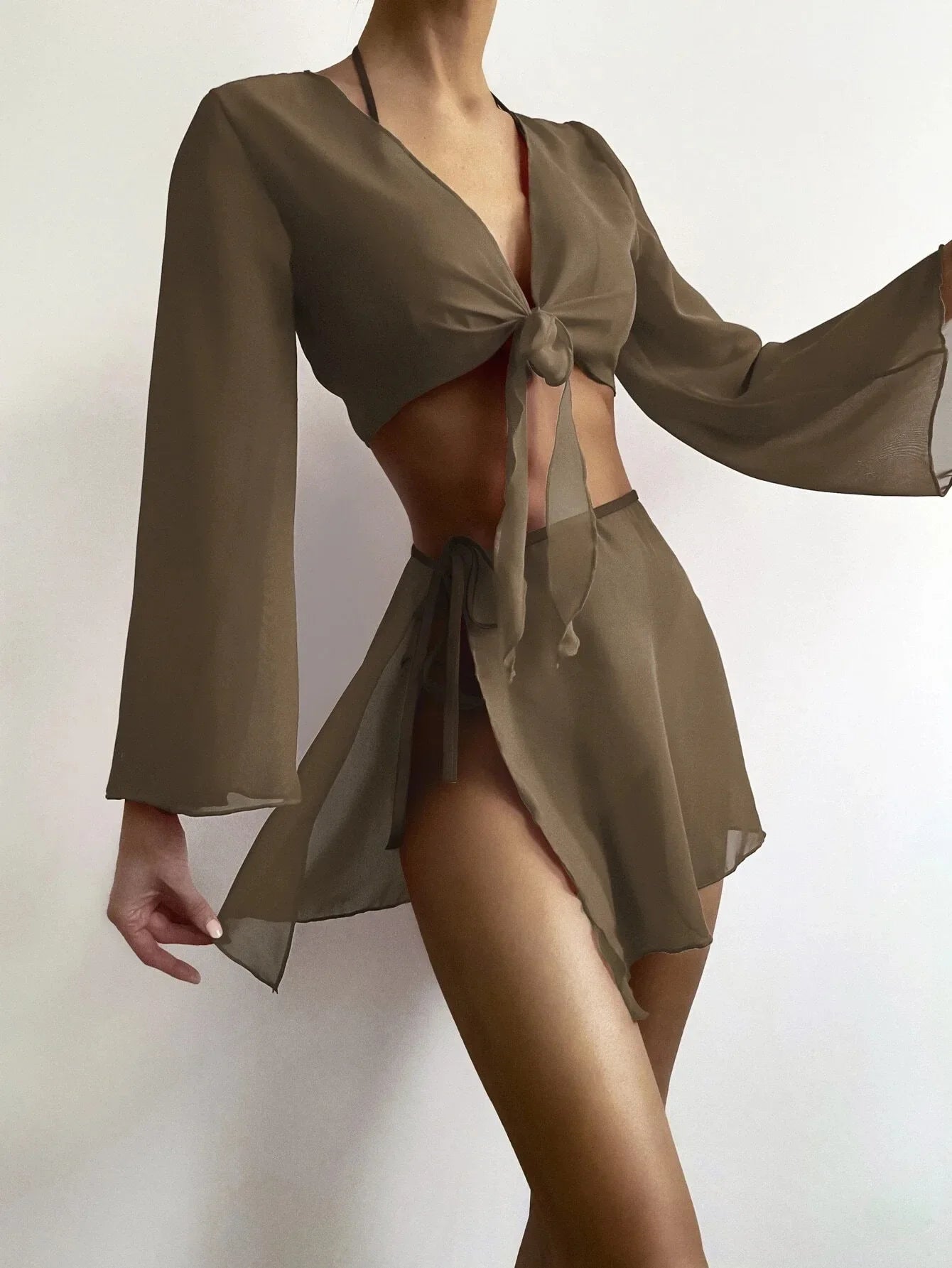 4PCS with Mesh Sarong Cover Up Long Sleeve Bikini Female Swimsuit Women Swimwear Four-pieces Bikini Bathing Suit Swim Beachwear